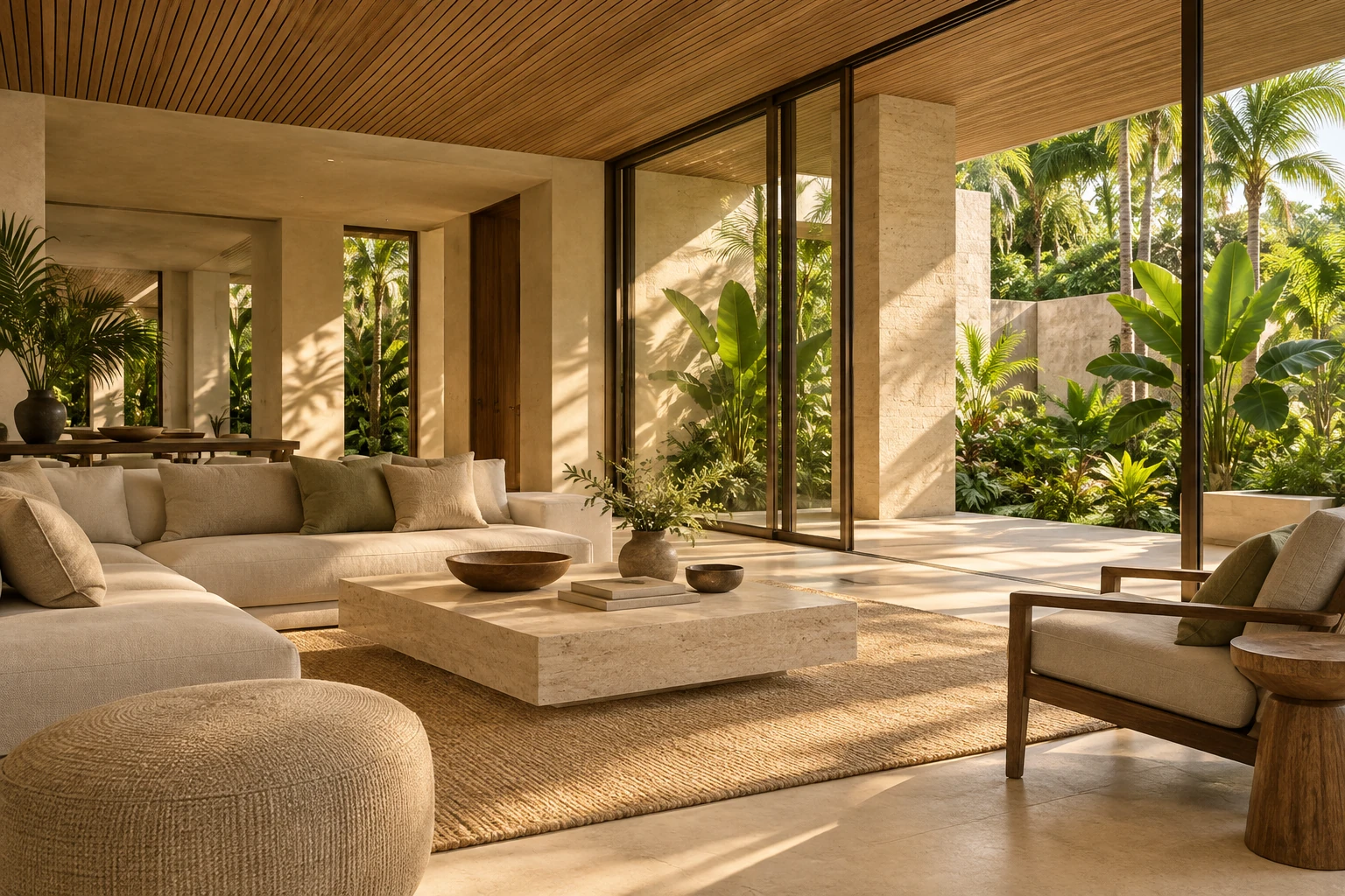 Conceptual residence interior with natural materials and shaded openings