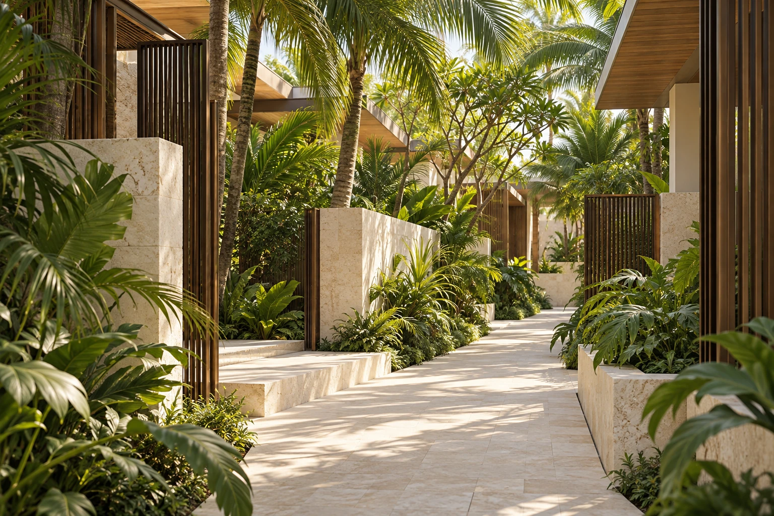 Conceptual planted garden path between tropical residences
