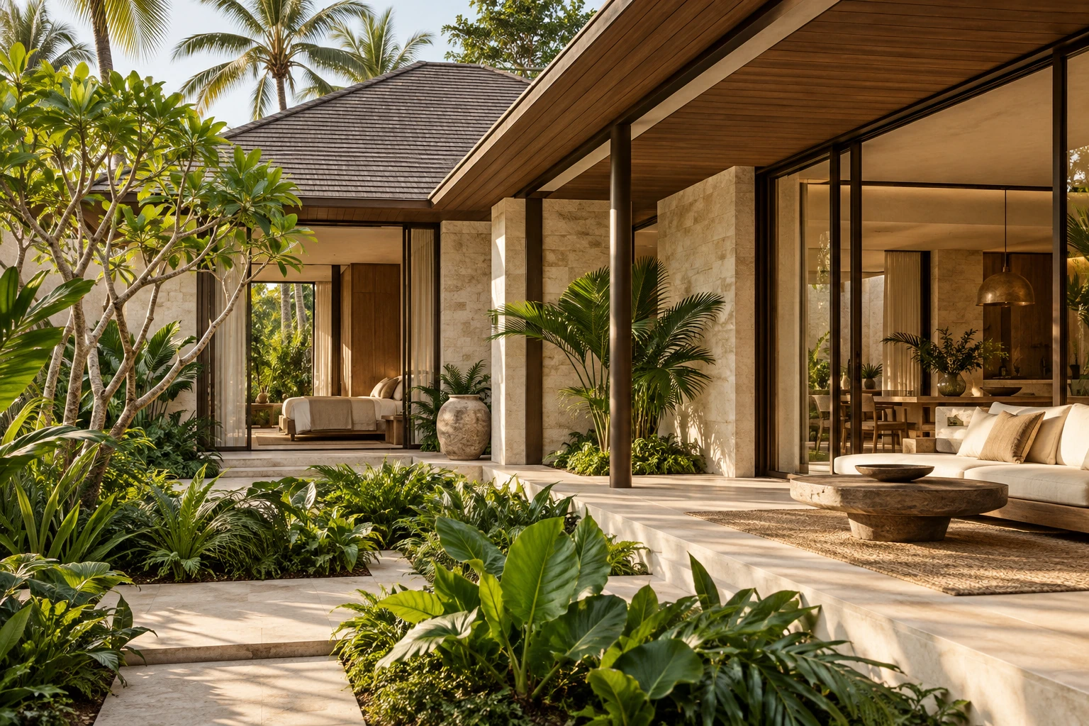Conceptual tropical villa exterior in limestone and timber