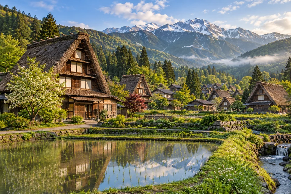 Illustrative travel landscape for Japan: Shirakawago & Nara