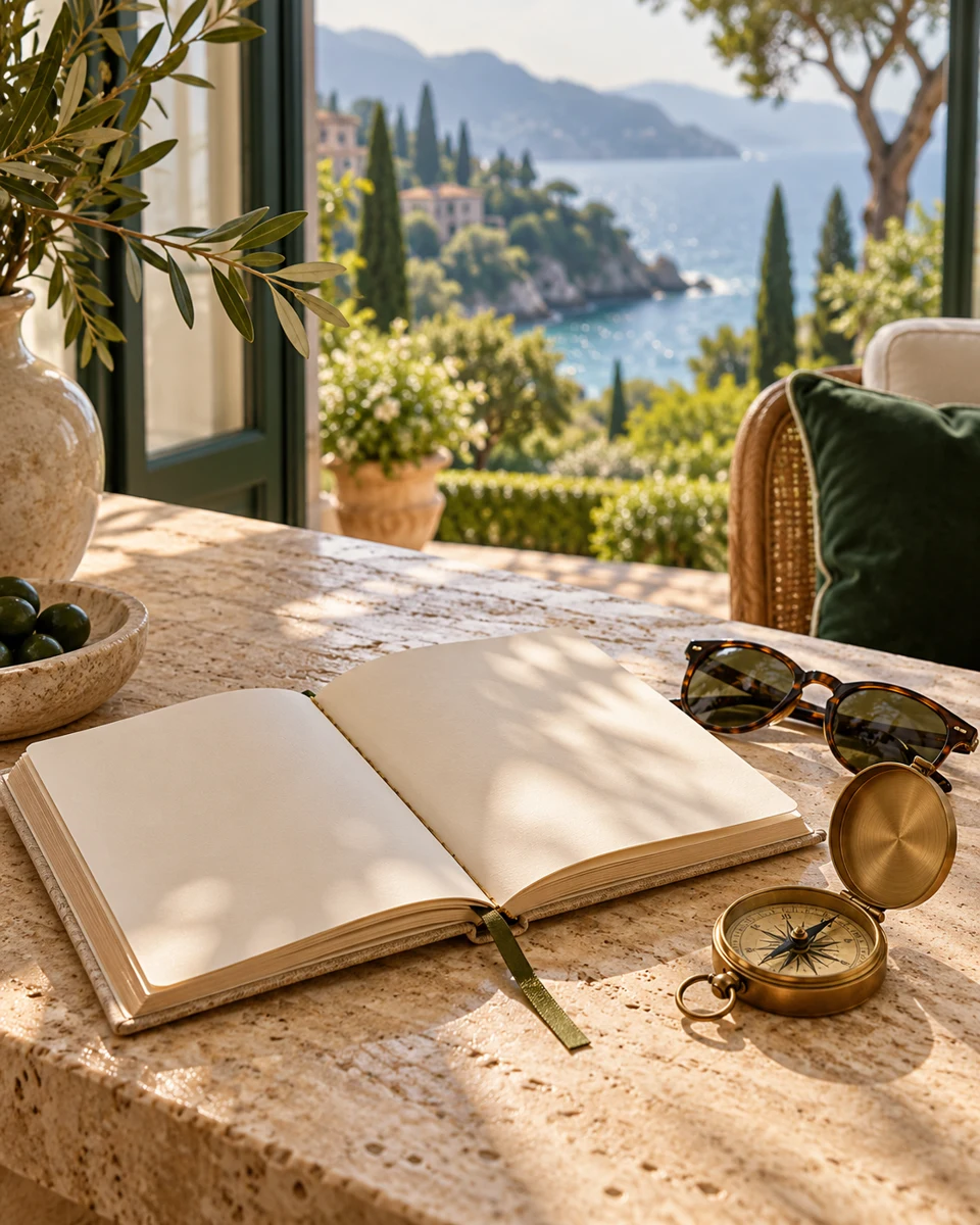 Travel journal and compass in soft natural light