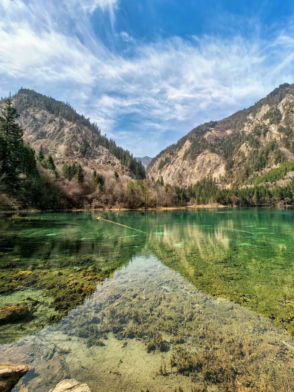 Clear mountain lake surrounded by forest in Jiuzhaigou Valley, China
