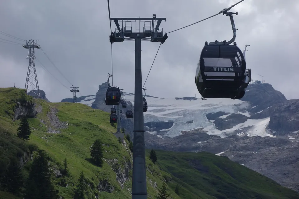 Cable cars above the mountain landscape at Mt. Titlis in Switzerland